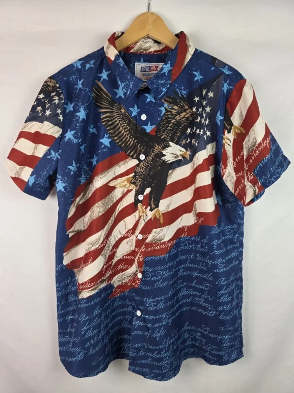 Arvil Hill Mens Shirt Size Large Blue Patriotic USA America Flag Button Down Top